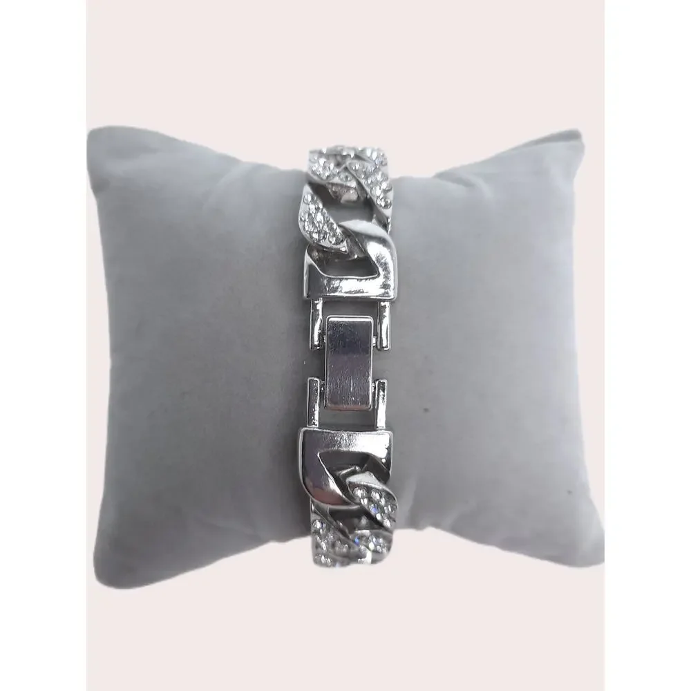 Miami Cuban Link Chain Bracelet Silver Rhinestone Iced Out Chunky Bling Unisex